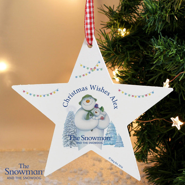 Personalised Memento Hanging Decorations &amp; Signs Personalised The Snowman and the Snowdog Wooden Star Decoration