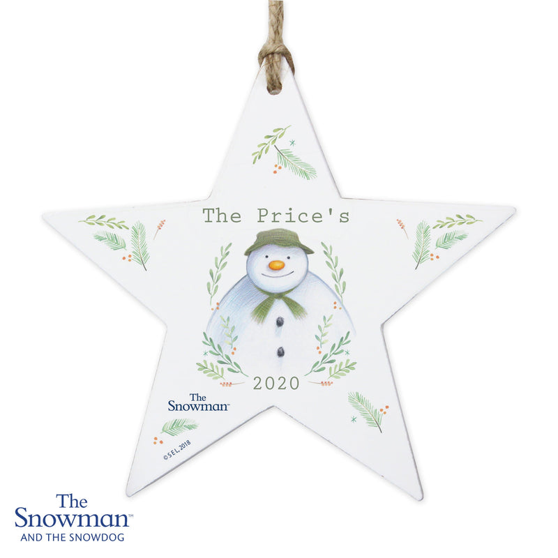 Personalised Memento Wooden Personalised The Snowman Winter Garden Wooden Star Decoration