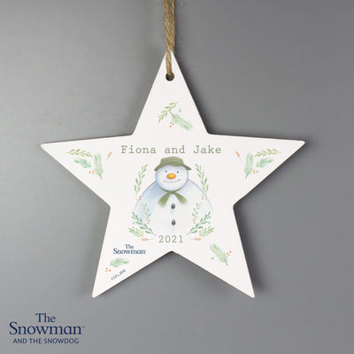 Personalised Memento Wooden Personalised The Snowman Winter Garden Wooden Star Decoration
