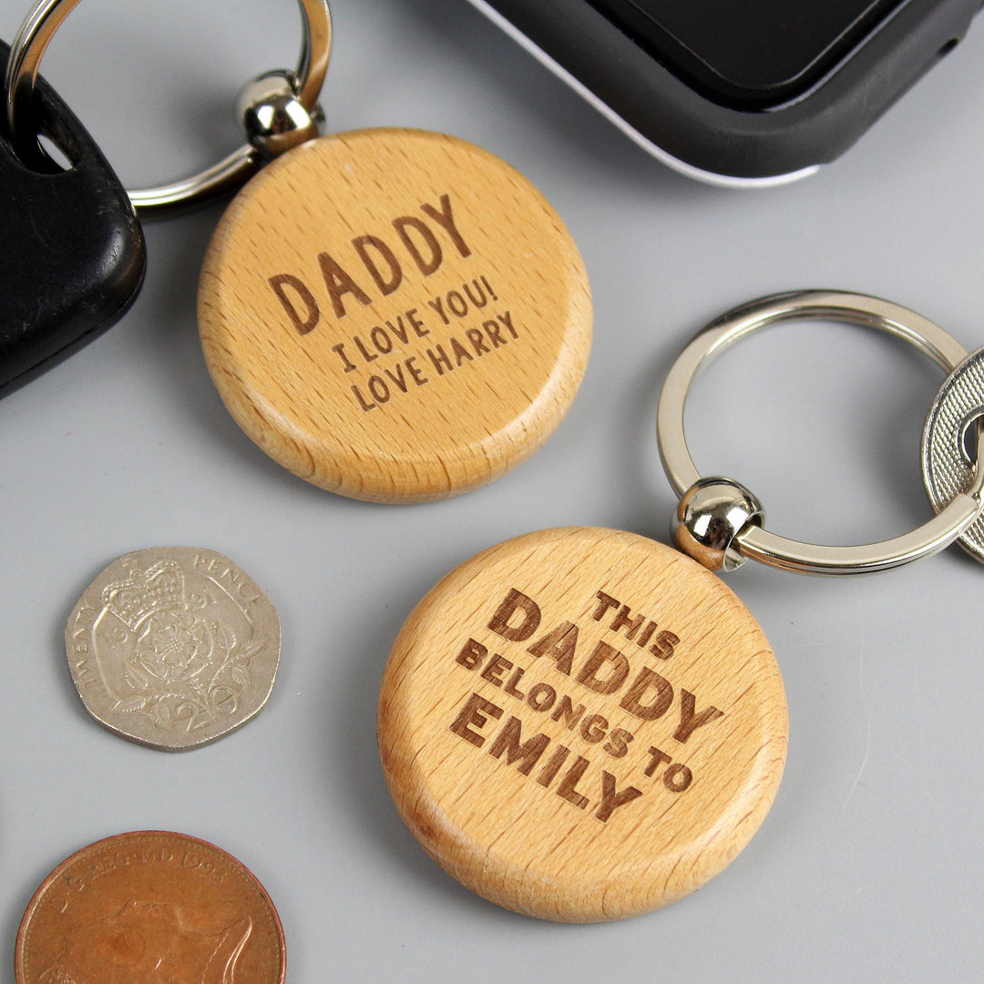 Personalised Memento Personalised This Daddy Belongs To Wooden Keyring