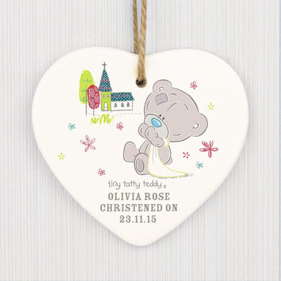 Personalised Memento Hanging Decorations & Signs Personalised Tiny Tatty Teddy Christening Ceramic Heart Decoration
