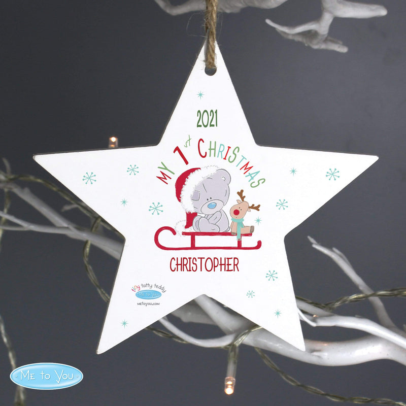 Personalised Memento Hanging Decorations & Signs Personalised Tiny Tatty Teddy My 1st Christmas Sleigh Wooden Star Decoration