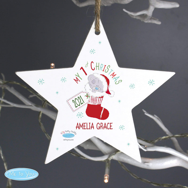 Personalised Memento Wooden Personalised Tiny Tatty Teddy My 1st Christmas Stocking Wooden Star Decoration