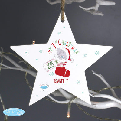 Personalised Memento Wooden Personalised Tiny Tatty Teddy My 1st Christmas Stocking Wooden Star Decoration