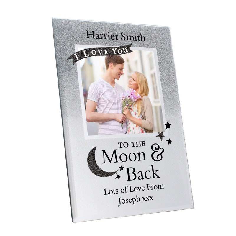 Personalised Memento Photo Frames, Albums and Guestbooks Personalised To the Moon and Back 4x4 Glitter Glass Photo Frame