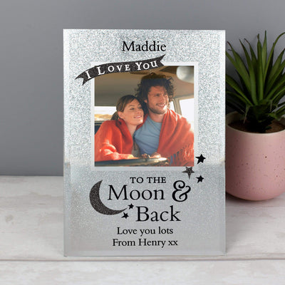 Personalised Memento Photo Frames, Albums and Guestbooks Personalised To the Moon and Back 4x4 Glitter Glass Photo Frame