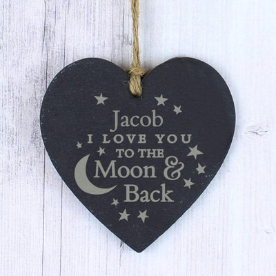 Personalised Memento Slate Personalised To the Moon and Back... Slate Heart Decoration