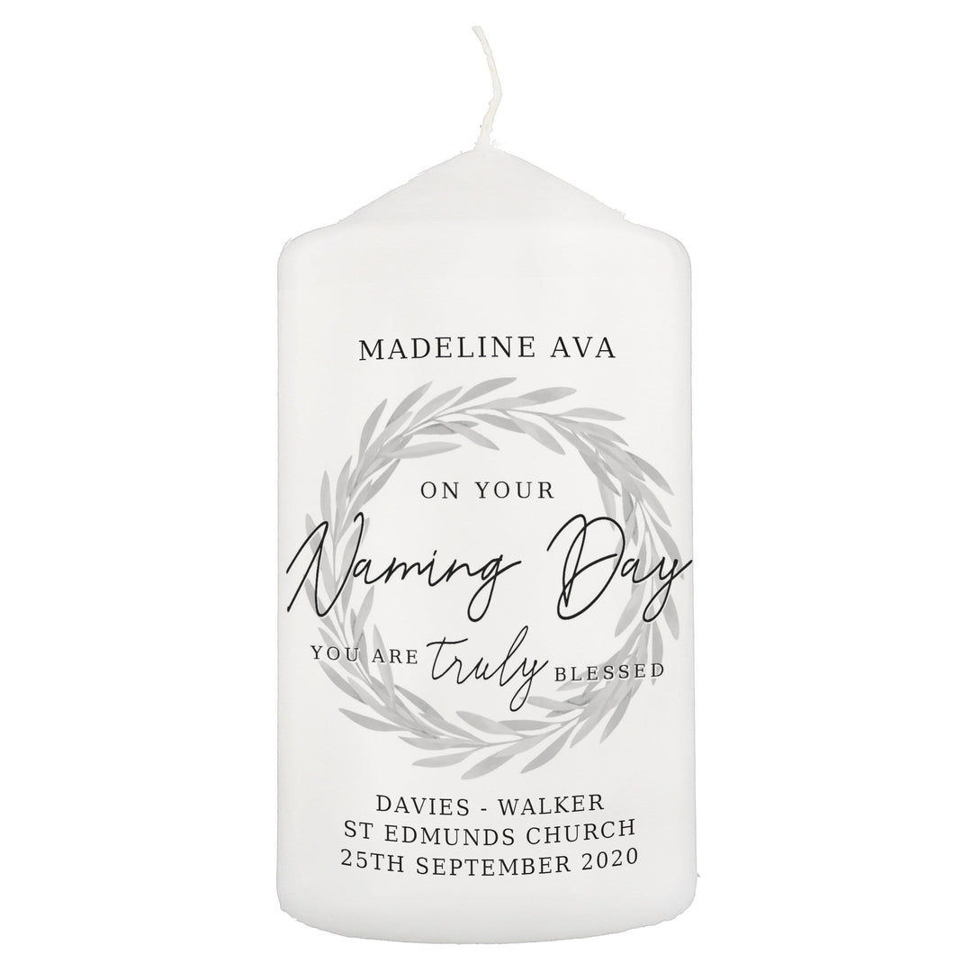 Personalised Memento Candles &amp; Reed Diffusers Personalised Truly Blessed Naming Day Pillar Candle