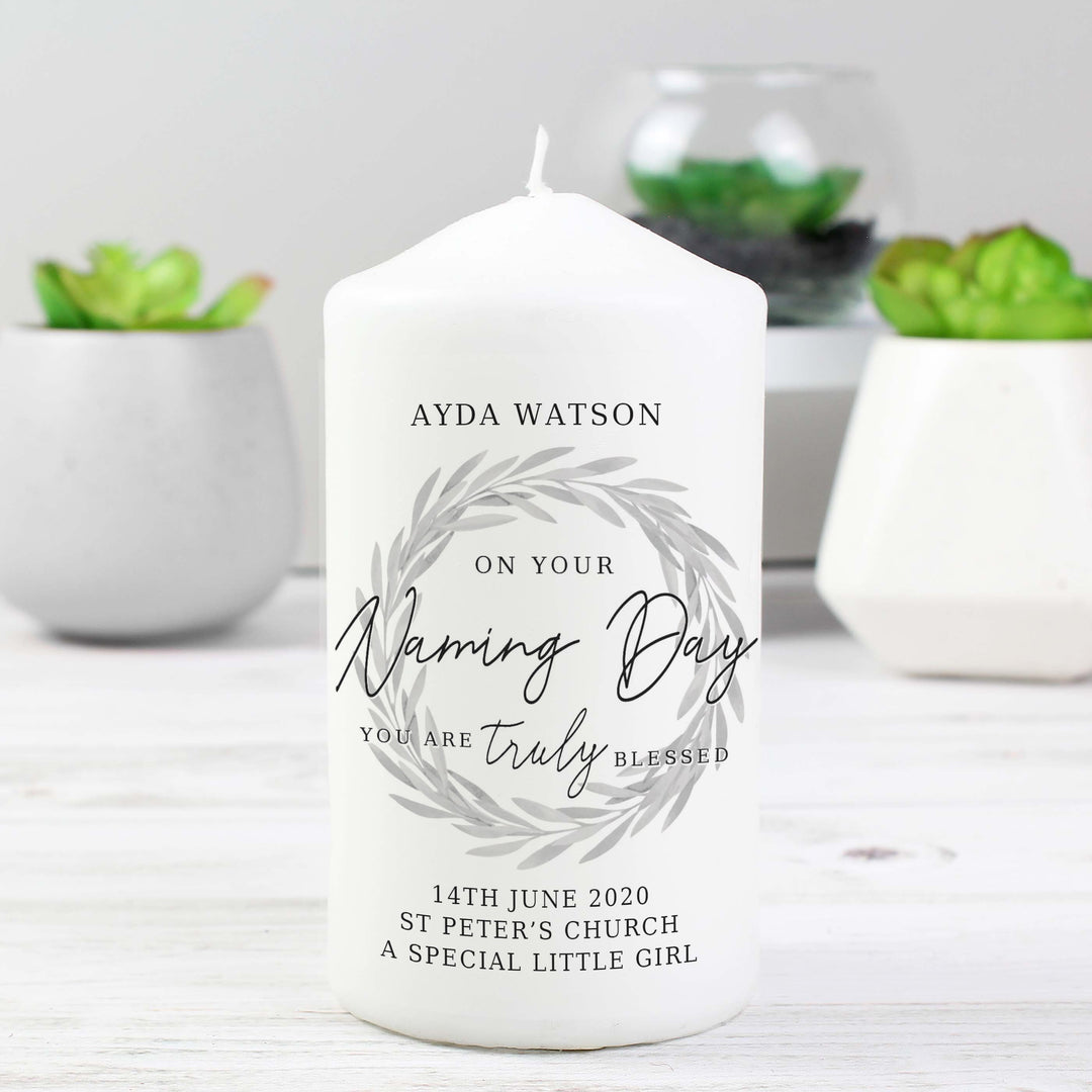 Personalised Memento Candles &amp; Reed Diffusers Personalised Truly Blessed Naming Day Pillar Candle
