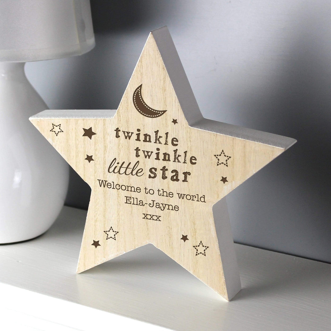 Personalised Memento Christmas Decorations Personalised Twinkle Twinkle Rustic Wooden Star Decoration