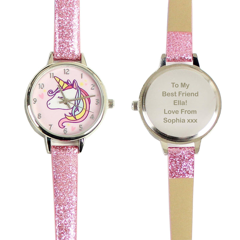 Personalised Memento Personalised Unicorn with Pink Glitter Strap Girls Watch