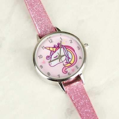 Personalised Memento Personalised Unicorn with Pink Glitter Strap Girls Watch