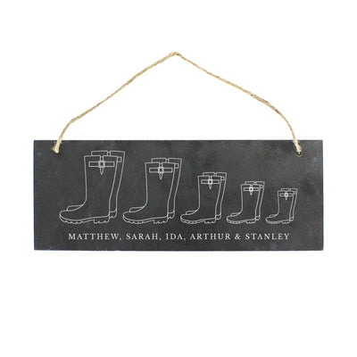 Personalised Memento Slate Personalised Welly Boot Family of Five Hanging Slate Plaque