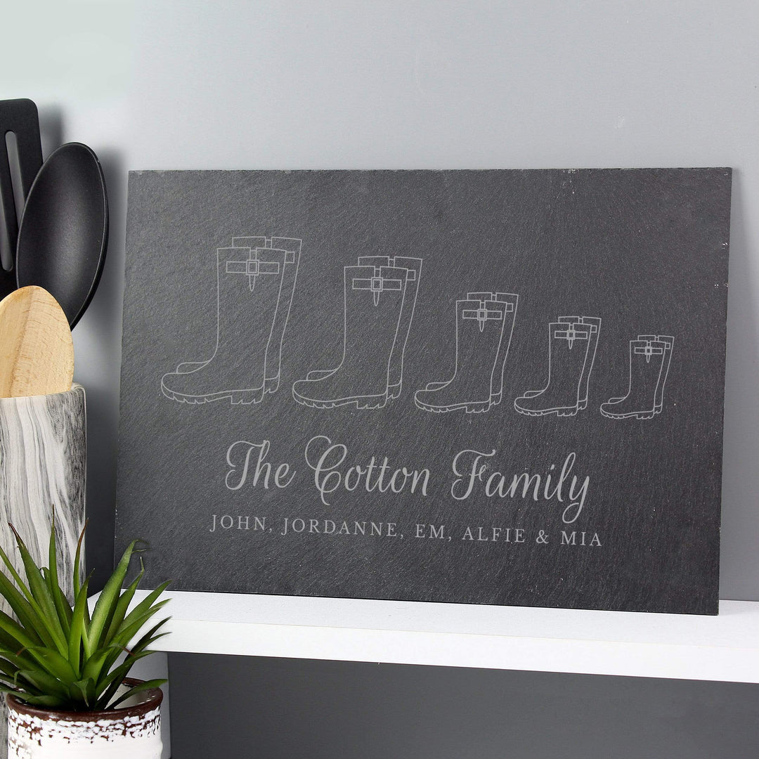 Personalised Memento Slate Personalised Welly Boot Family of Five Slate