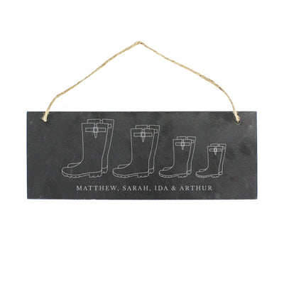 Personalised Memento Slate Personalised Welly Boot Family of Four Hanging Slate Plaque
