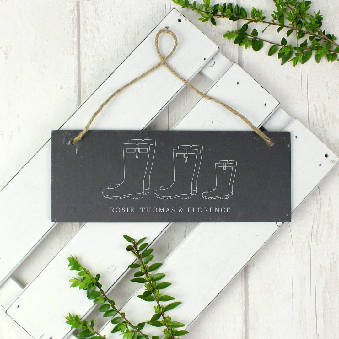 Personalised Memento Slate Personalised Welly Boot Family of Three Hanging Slate Plaque