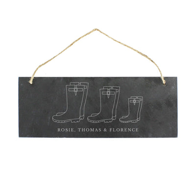 Personalised Memento Slate Personalised Welly Boot Family of Three Hanging Slate Plaque