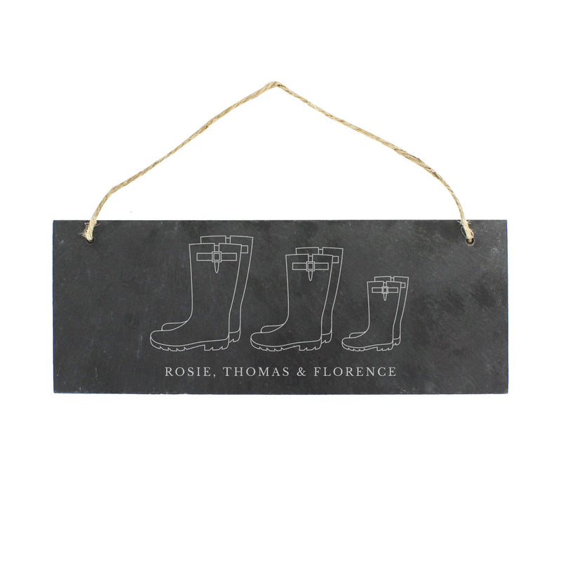 Personalised Memento Slate Personalised Welly Boot Family of Three Hanging Slate Plaque