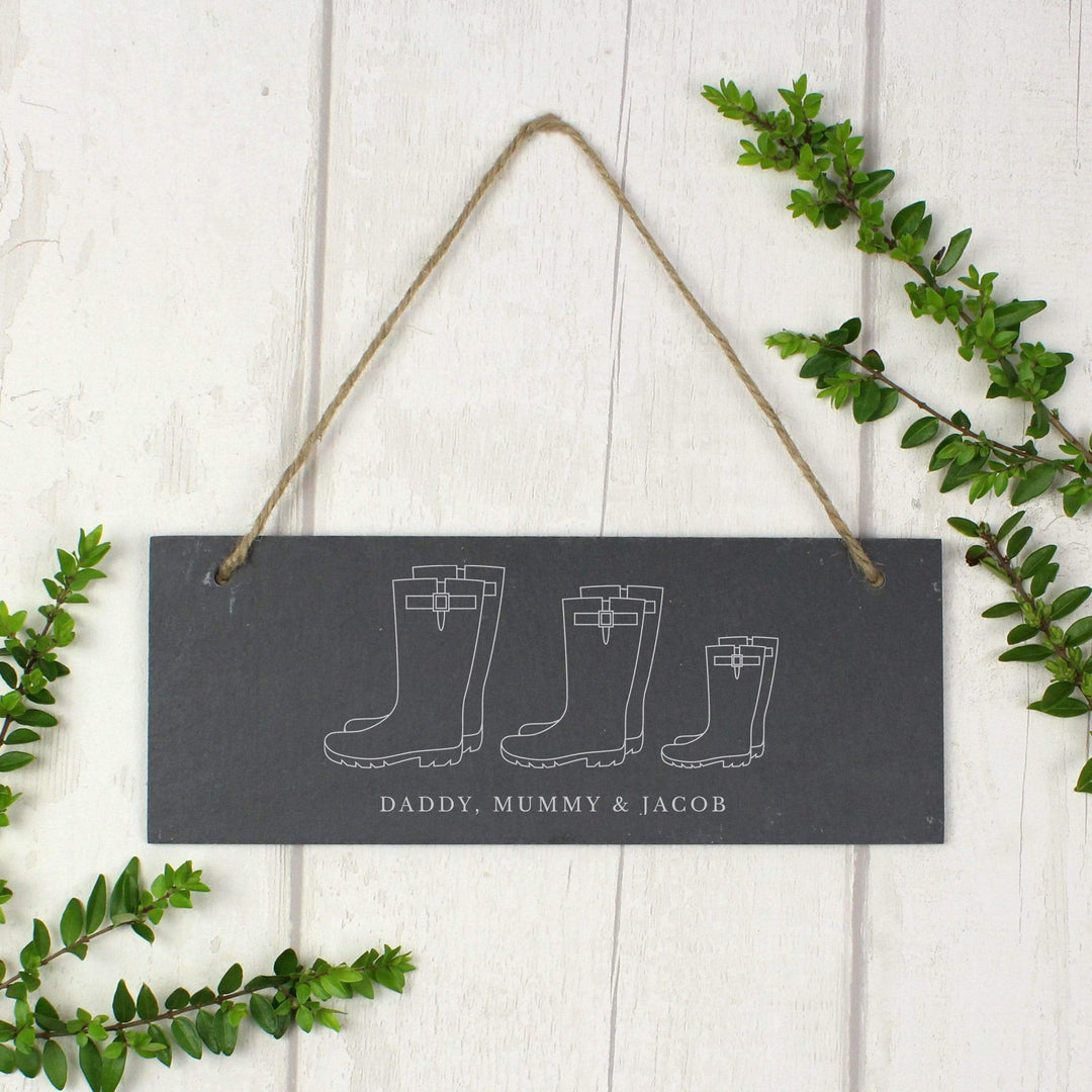 Personalised Memento Slate Personalised Welly Boot Family of Three Hanging Slate Plaque