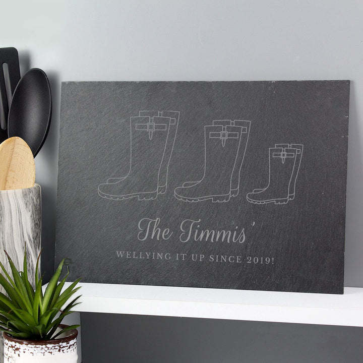 Personalised Memento Slate Personalised Welly Boot Family of Three Slate