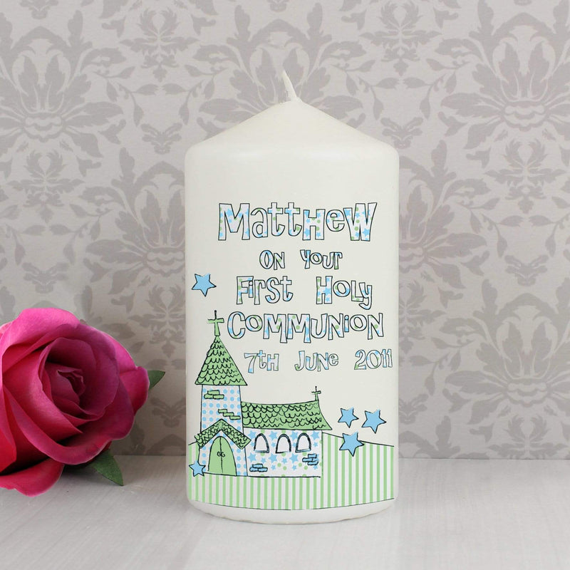 Personalised Memento Candles & Reed Diffusers Personalised Whimsical Church Blue 1st Holy Communion Candle
