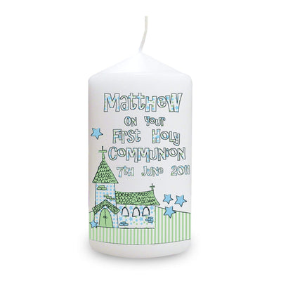 Personalised Memento Candles & Reed Diffusers Personalised Whimsical Church Blue 1st Holy Communion Candle