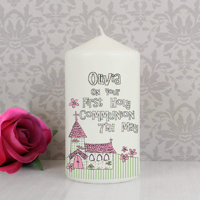 Personalised Memento Candles & Reed Diffusers Personalised Whimsical Church Pink 1st Holy Communion Candle
