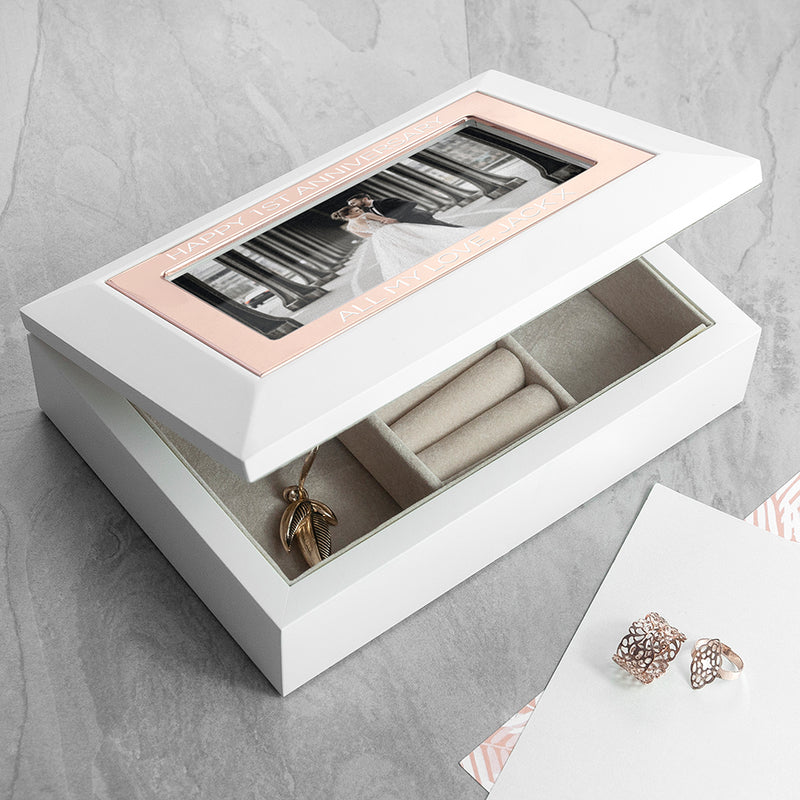Personalised White And Rose Gold Photo Jewellery Box