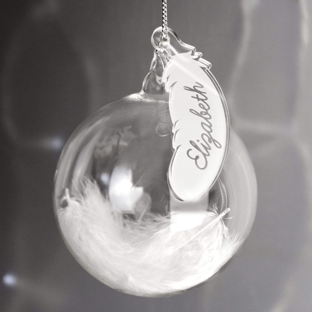 Personalised Memento Christmas Decorations Personalised White Feather Glass Bauble