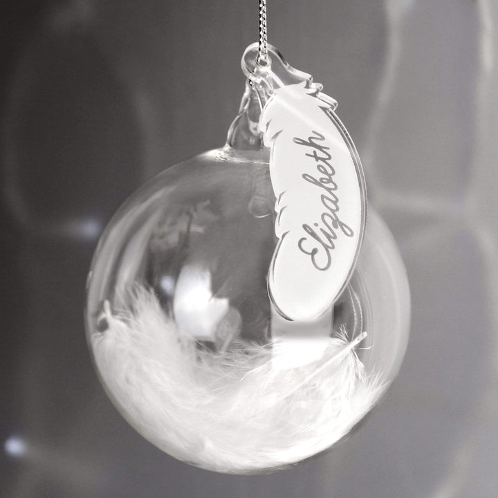Personalised Memento Christmas Decorations Personalised White Feather Glass Bauble