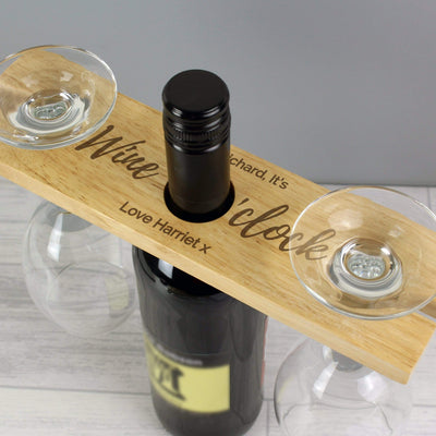 Personalised Memento Wooden Personalised 'Wine O'clock' Wine Glass & Bottle Butler