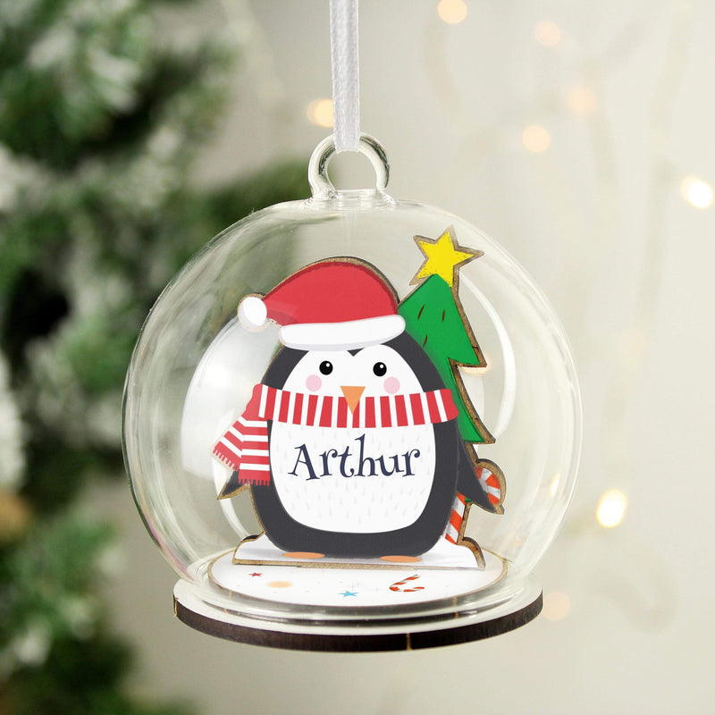 Personalised Memento Personalised Wooden Penguin Glass Bauble
