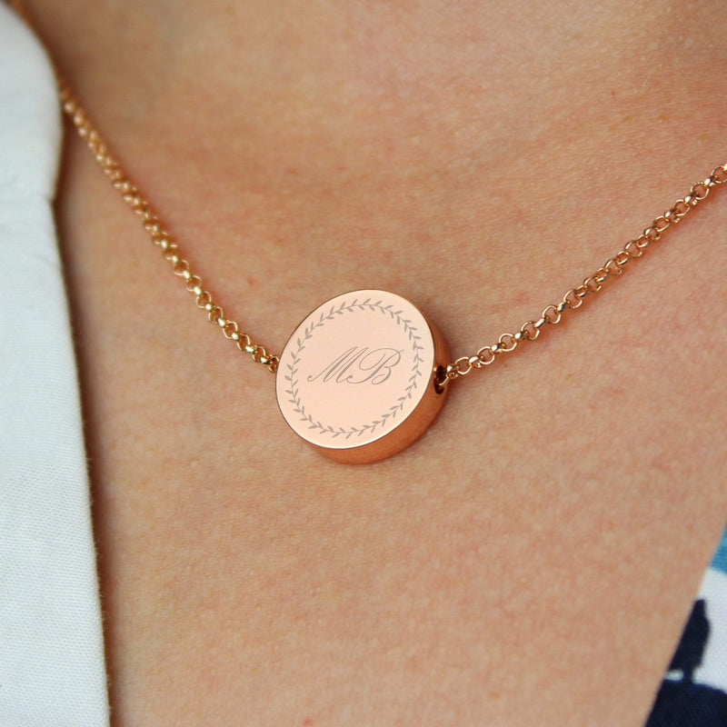 Personalised Memento Jewellery Personalised Wreath Initials Rose Gold Tone Disc Necklace