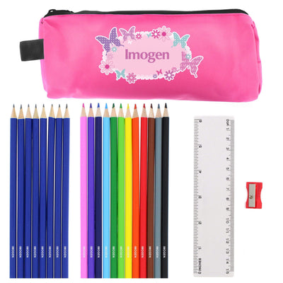 Personalised Memento Stationery & Pens Pink Butterfly Pencil Case with Personalised Pencils & Crayons