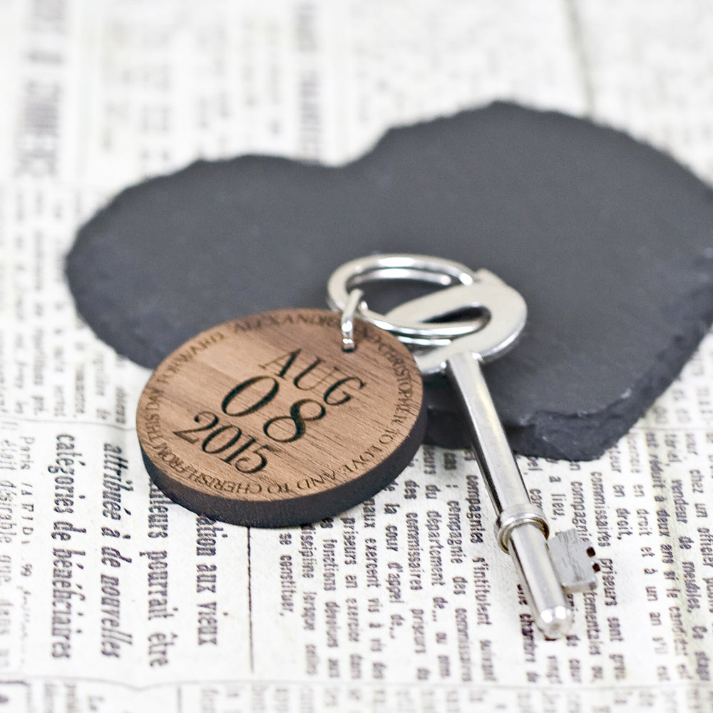 Personalised Round Key Ring with Date and Message