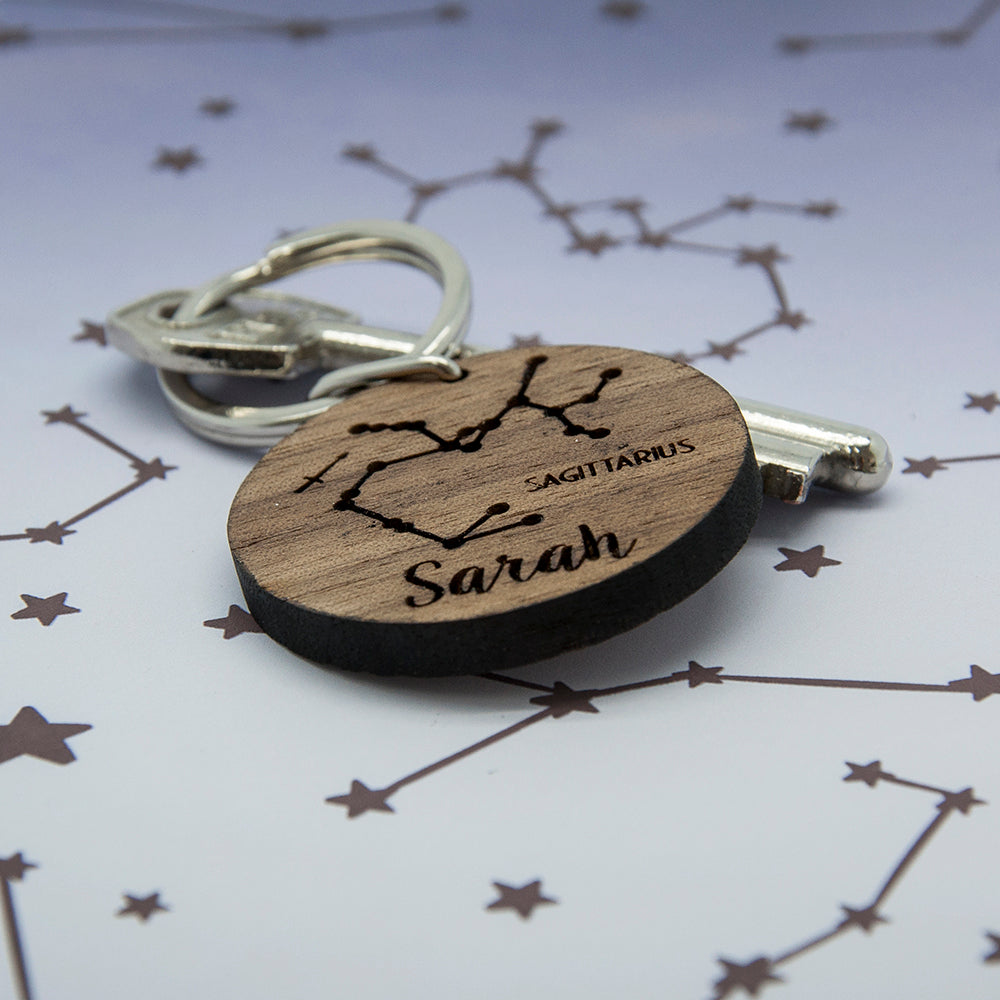 Personalised Round Wooden Key Ring - Zodiac sign and name