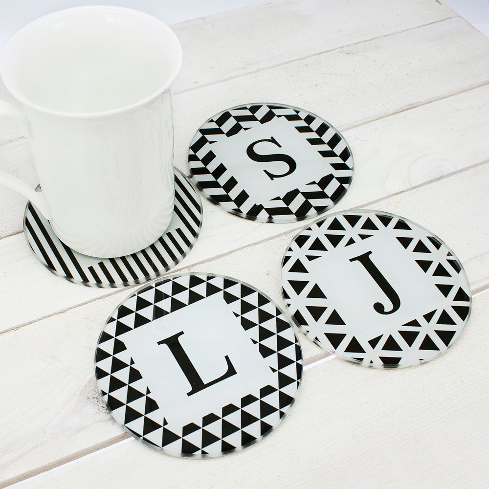Personalised Set of Four Glass Coasters - Black &amp; White Design