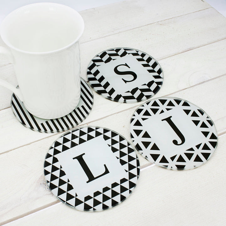 Personalised Set of Four Glass Coasters - Black &amp; White Design