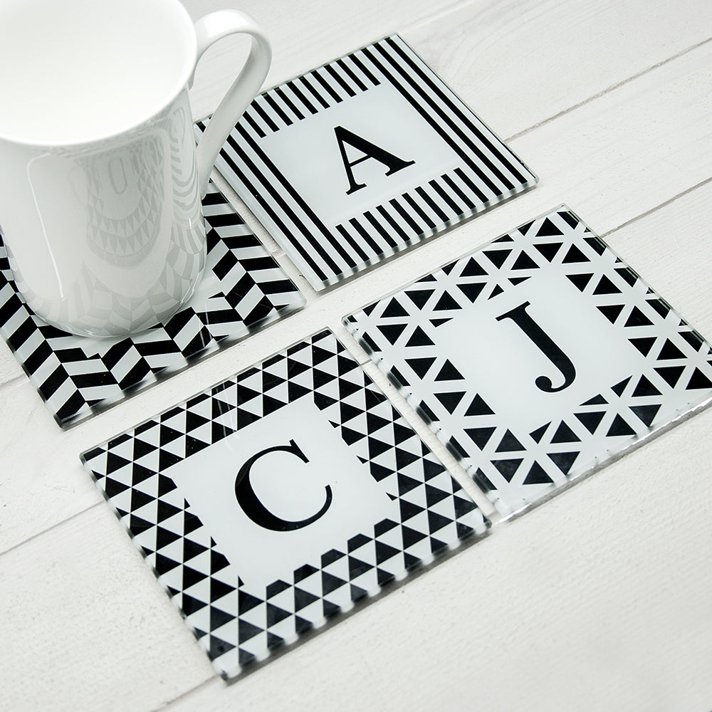 Personalised Set of Four Glass Coasters - Black &amp; White Design