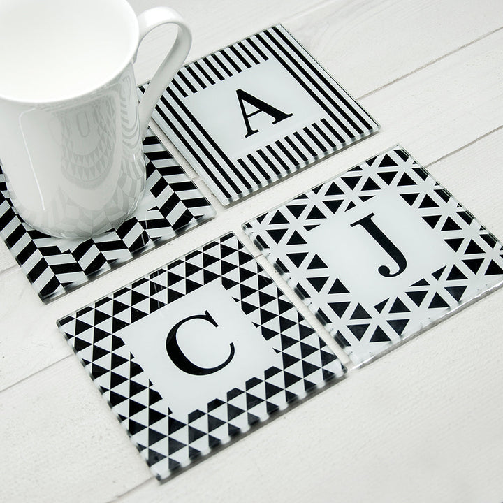 Personalised Set of Four Glass Coasters - Black &amp; White Design