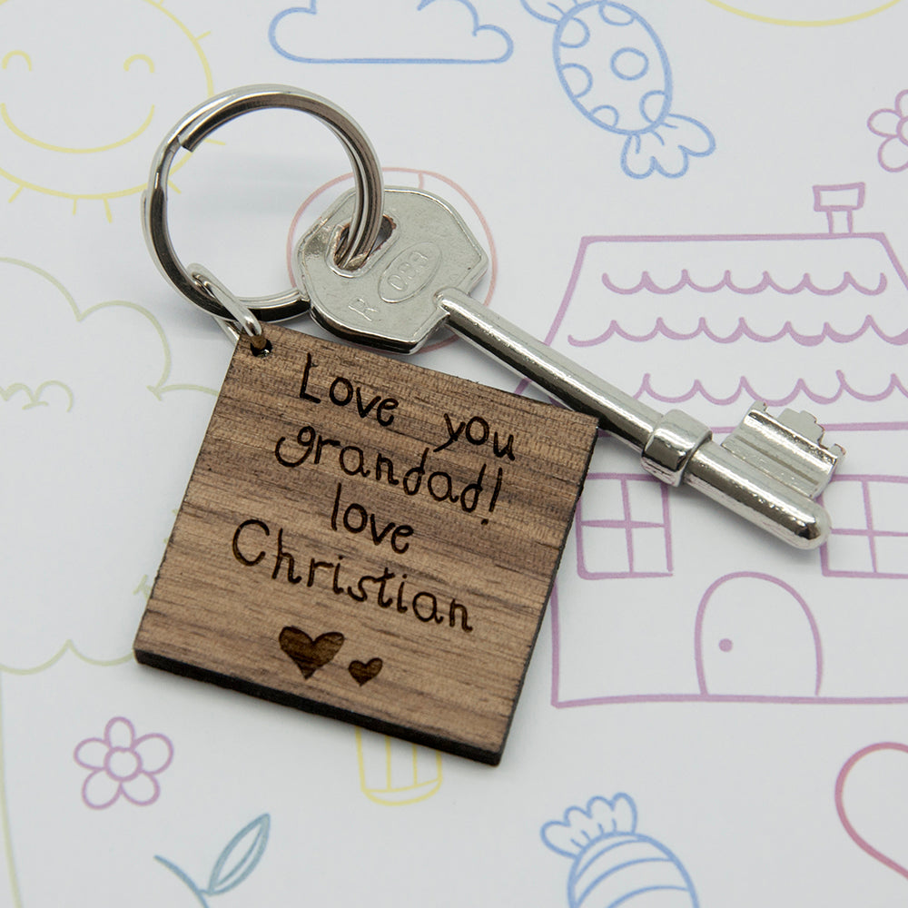 Personalised Square Wooden Keyring - Kids Handwriting