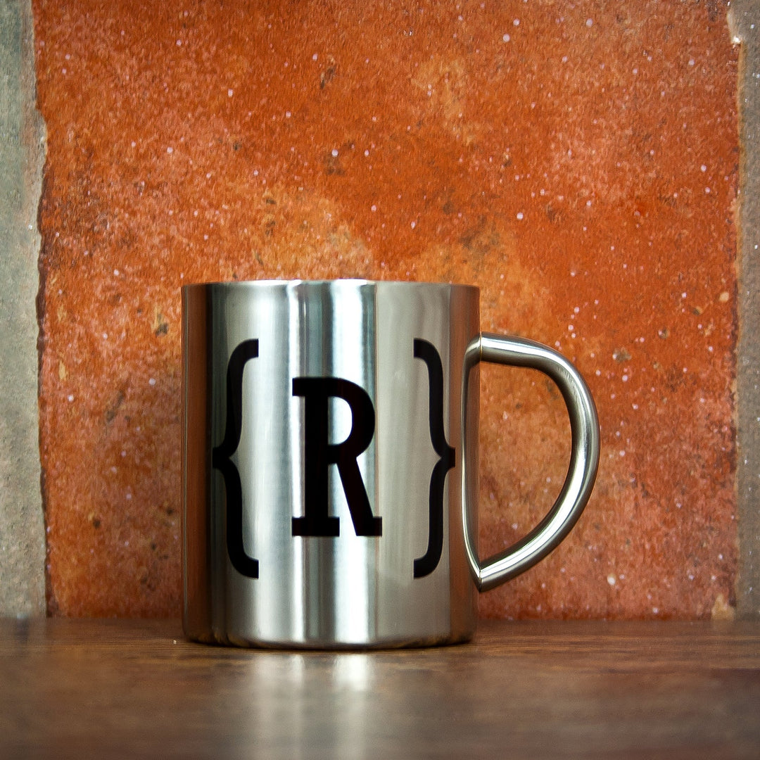 Personalised Monogram Swirl Bracket Silver Outdoor Mug